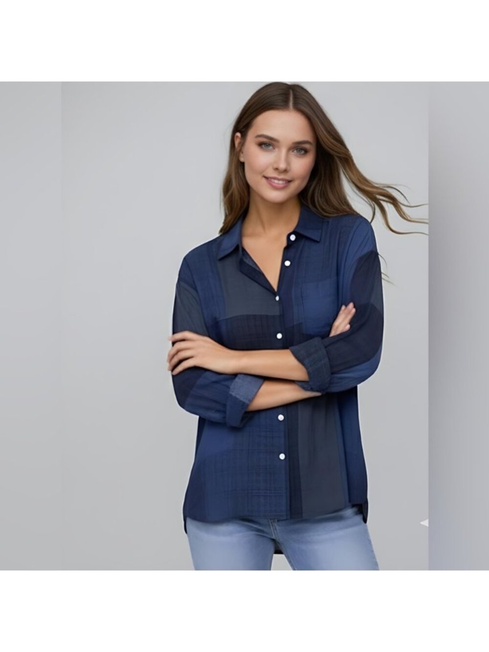 Blue Color Block  Button Down Shirt - Picture 2 of 7